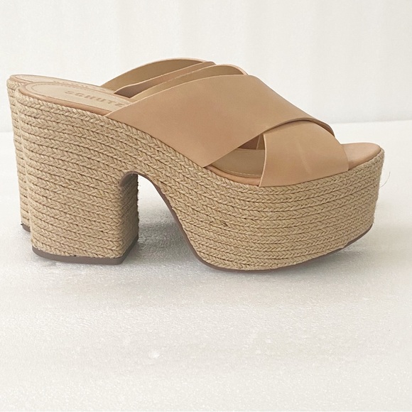NEW SCHUTZ Tan Leather Jute Wrapped Platform Espadrille Sandals - Picture 7 of 13